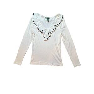 Lauren Ralph Lauren White Long Sleeve Ruffle-Trim Button Down Top